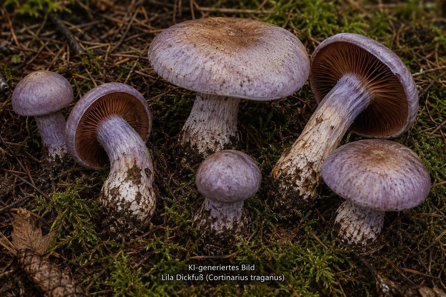 Lila Dickfuß - Bild exemplarisch, KI generiert. Während Hut und Stiel violettliche Farbtöne besitzten sind die Lamellen jung blass ocker-gelbbraun, später zimtbraun-rostbraun und ohne violette Töne